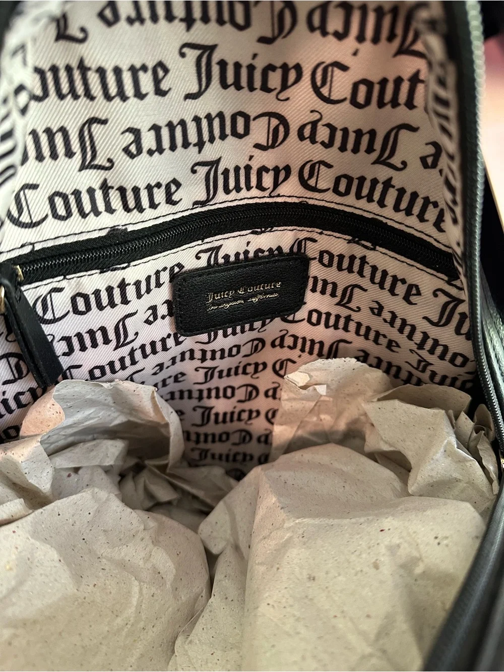 Juicy Couture Black Velvet Mini Backpack with Heart Charm Accent